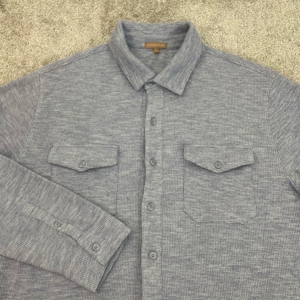 Leonard Frisbie Knit Button Up Shirt Mens Large Textured Cotton Blue Long Sleeve